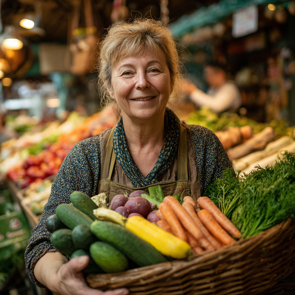Smiling Hungarian adult preparing healthy meal with fresh vegetables and fruits in modern kitchen