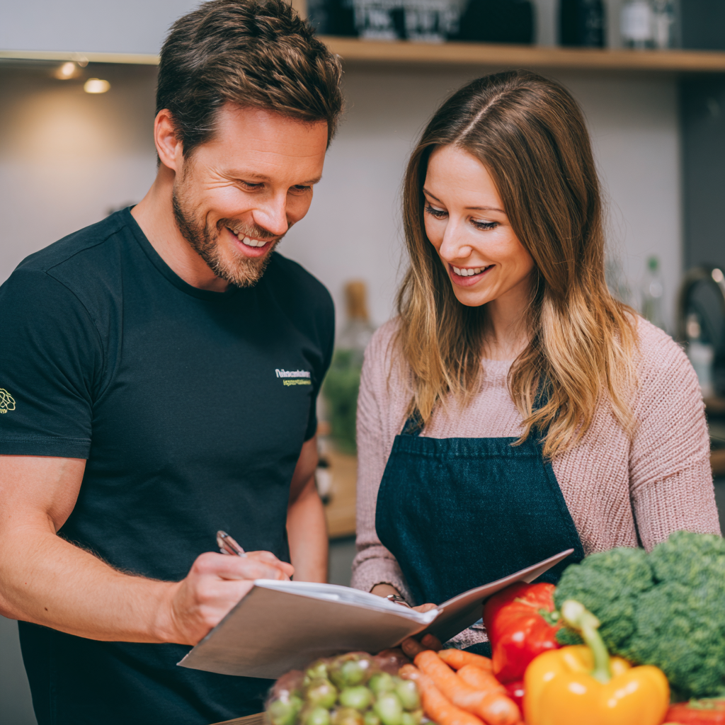 Confident Hungarian adults reviewing their nutrition progress charts and health metrics in modern consultation room